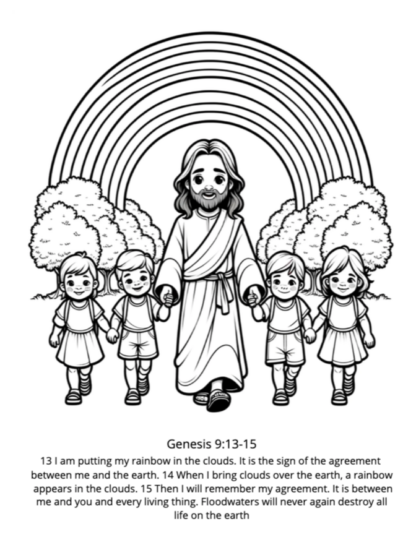 Mellies Garden Christian children's coloring book page with bible verse Genesis 9:13-15