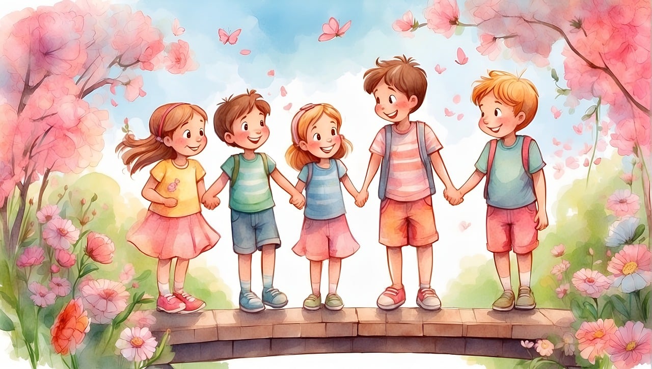 Picture colored in of children holding hands for Mellies Gardens book